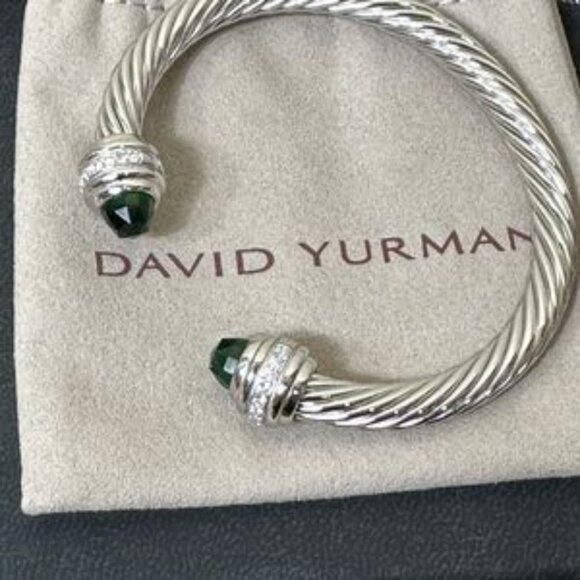 David Yurman Bracelet 7mm Sterling Silver Prasiolite Diamond Cable Classic Cuff - Picture 2 of 6